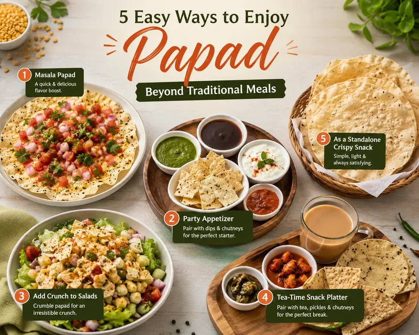 Creative ways to enjoy papad including masala papad, salad topping, tea-time snacks, party appetizers, and homemade papad serving ideas.