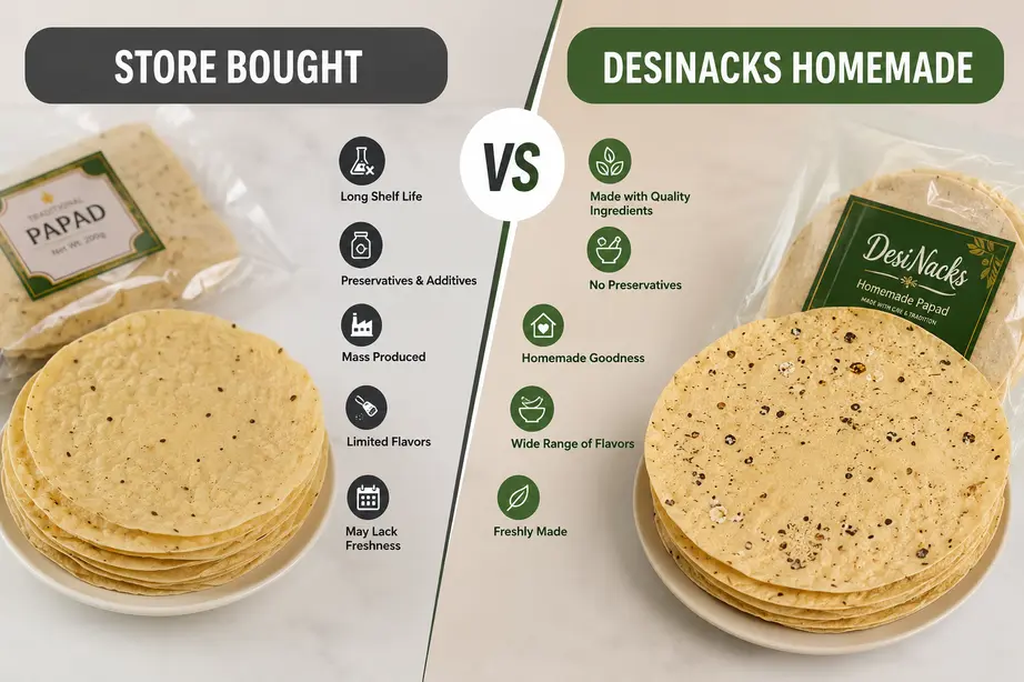Homemade Papad vs Store-Bought Papad comparison showing freshness, quality ingredients, and flavor variety of DesiNacks homemade papad.